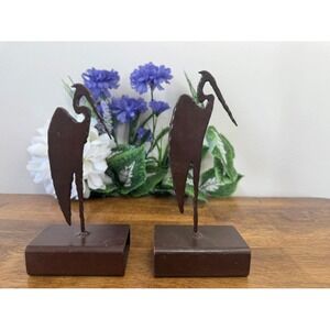 Pair of Heavy Metal Heron Sculptures – Rustic Hand-Forged Bird‎ Art Retro Figure